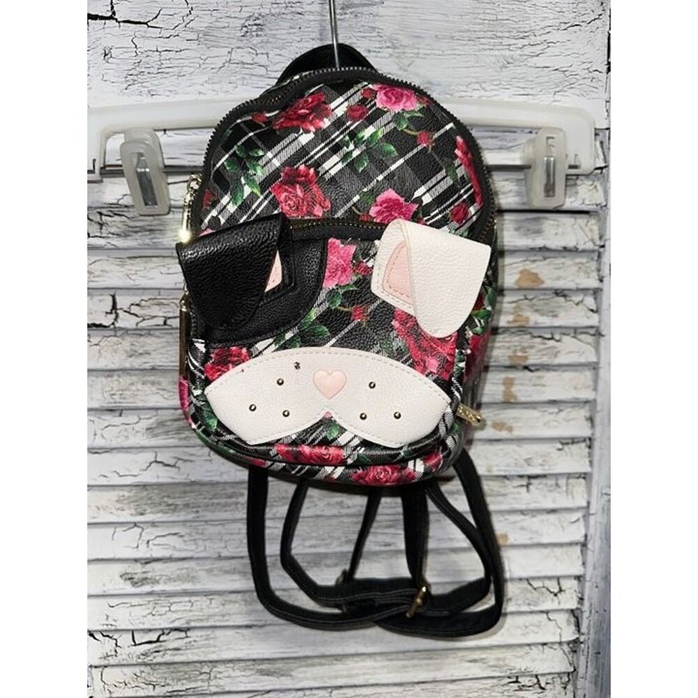 Betsey Johnson Black Floral Leather Puppy Dog Mini Backpack Purse